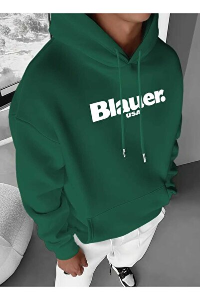caddekombin Hanorac verde din bumbac cu glugă și buzunar cu imprimeu Blauer USA