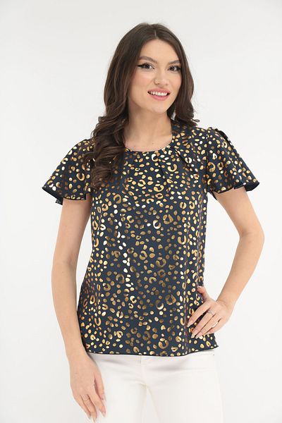 Vanessa Line RO Elegant navy blue blouse with gold print
