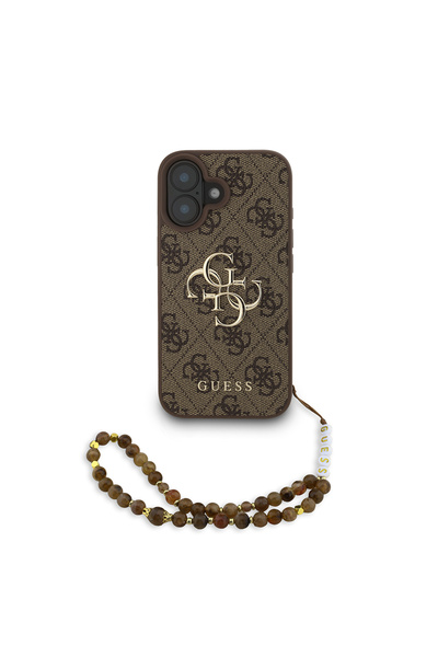 Guess iPhone 16 Uyumlu Kılıf Lisanslı Bilek Askı İpli Metal 4G ve Yazı Logolu Kapak Kahverengi
