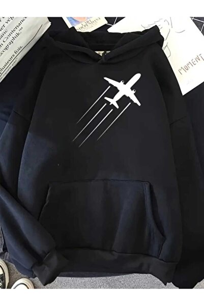 caddekombin Uçak Baskılı Kapüşonlu Cepli Pamuklu Siyah Sweatshirt