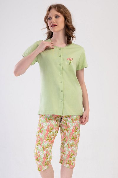 VİENETTA Women's Cotton All Button Short Sleeve Capri Pajamas Suit , 410040