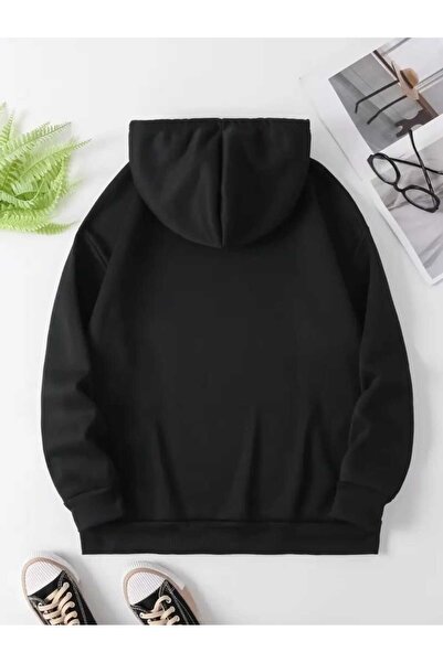 caddekombin Μαύρο φούτερ με κουκούλα με στάμπα λεοπάρ και τσέπες από βαμβάκι