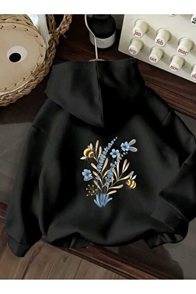 caddekombin Hanorac negru din bumbac cu buzunar și glugă cu imprimeu pe spate...