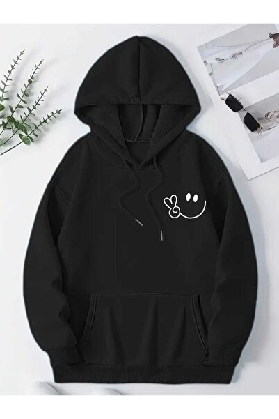 caddekombin Hanorac negru cu glugă, cu imprimeu pe piept, cu buzunar și lână ...