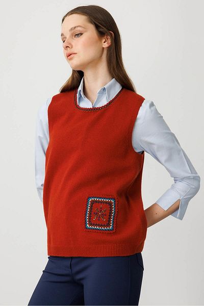 Desen Triko Women's Crew Neck Pocket and Collar Colorful Crocheted Wool Sweater Dark Brick