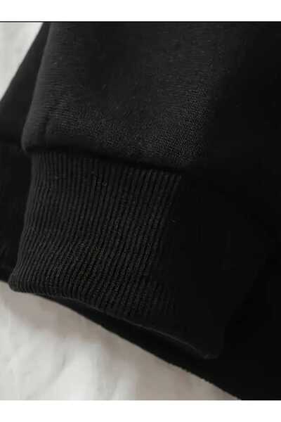 caddekombin Glitter Butterfly Printed Hooded Pocket Black Sweatshirt with Wool Inside