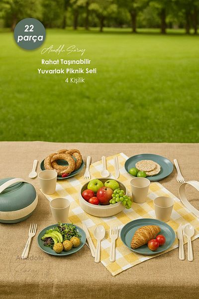 Anadolu Saray 22 Piece Green 4-Person Multi-Purpose Portable Comfortable Portable Round Picnic Set
