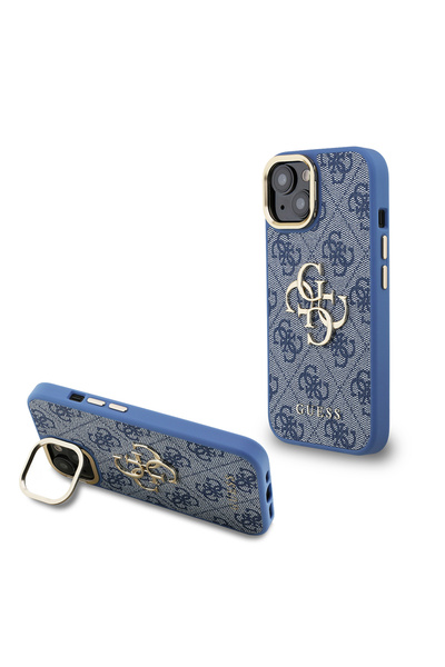 Guess iPhone 15 Uyumlu Kılıf Lisanslı Metal 4G ve Yazı Logolu Kamera Standlı ...