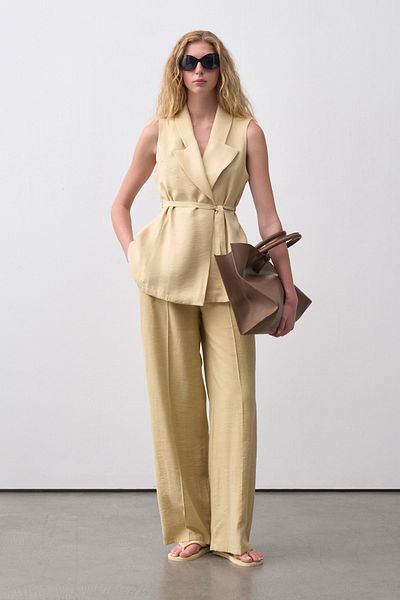 mathilda store Women's Yellow Double Breasted Collar Belted Vest Pants Suit