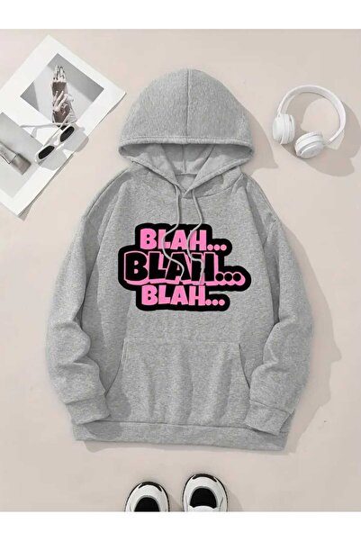 caddekombin Blah Blah Blah Hanorac gri cu glugă, cu buzunare și interior din ...
