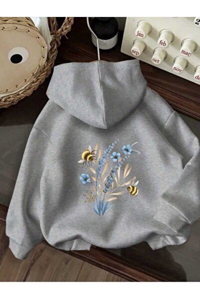 caddekombin Hanorac gri din bumbac cu buzunar și imprimeu pe spate cu albine ...