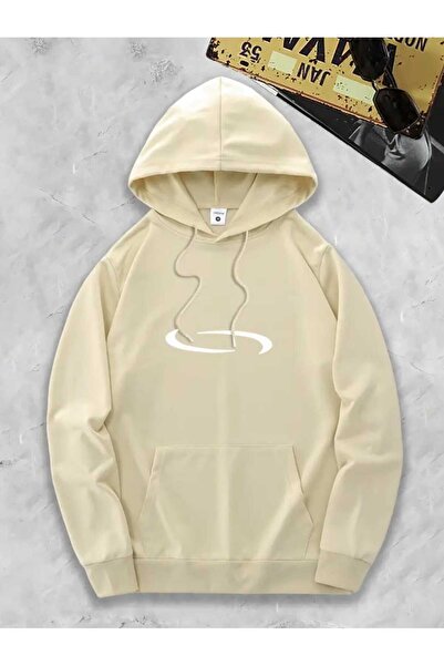 caddekombin I Am Music Back Printed Hooded Pocket Cotton Beige Sweatshirt