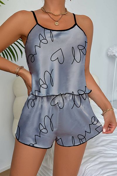 İntive Lingerie Love Printed Gray Satin Shorts Nightgown Set