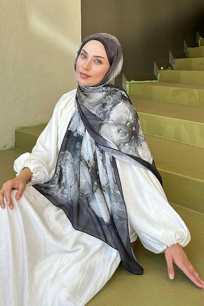 lamelif Bohemian Flower Pattern Soft Shawl Black Brown