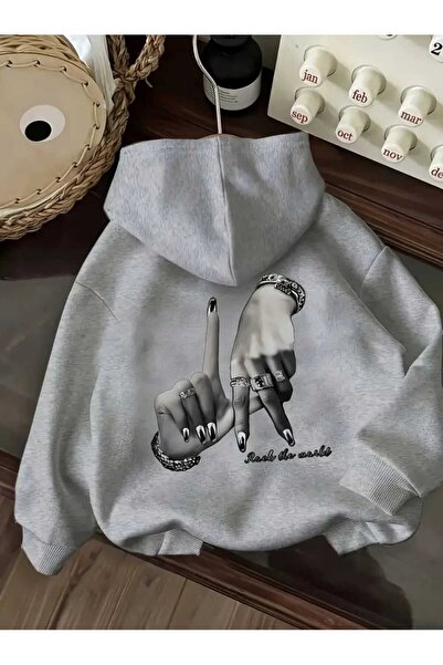 caddekombin LA Rock The World Arka Baskılı Kapüşonlu Cepli İçi Yünlü Gri Sweatshirt
