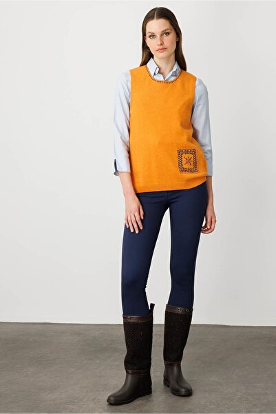 Desen Triko Women's Crew Neck Pocket and Collar Colorful Crochet Cashmere Sweater K.K.