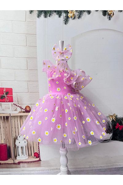 Nissa Pink Daisy Embroidery Open Shoulder Girl's Dress Evening Dress