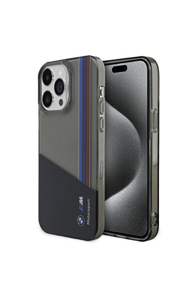 BMW iPhone 14 Pro Max Uyumlu Kılıf Orjinal Lisanslı Yarı Transparan M Dizayn Çizgili Kapak Siyah