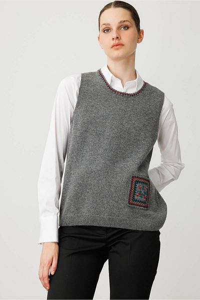 Desen Triko Women's Crew Neck Pocket and Collar Color Crocheted Wool Sweater Smoked