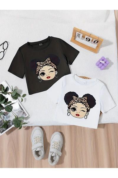 AEMİ Tricou Crop 100% Bumbac Imprimat Copii Negru Alb Fata