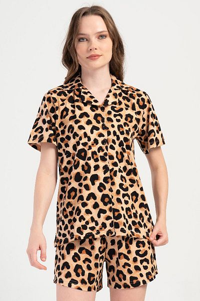 VİENETTA Women's Cotton Collar All Button Short Sleeve Shorts Pajamas Suit , 409103