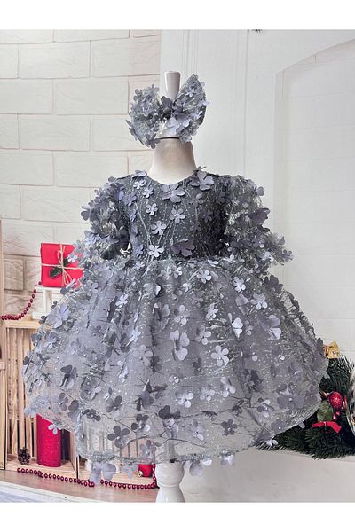 Nissa Gray 3D Flower Embroidered Embossed Girl Evening Dress