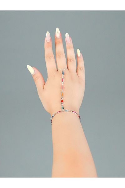 Sumen Butik Y Model Colored Stone Silver and Gold Color Steel Chain Shahmaran