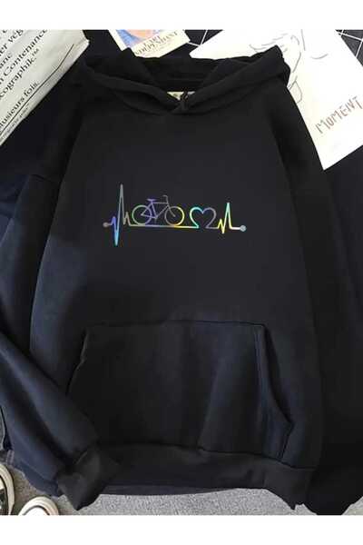 caddekombin Hanorac negru din bumbac cu glugă, cu imprimeu cu ritm cardiac, c...