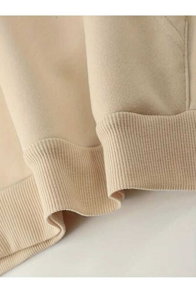 caddekombin Μπεζ φούτερ με κουκούλα με στάμπα καρδιάς και τσέπες με επένδυση από μαλλί