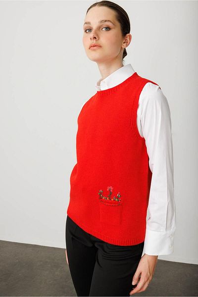 Desen Triko Women's Crew Neck Pocket Top Floral Embroidery Wool Sweater Coral