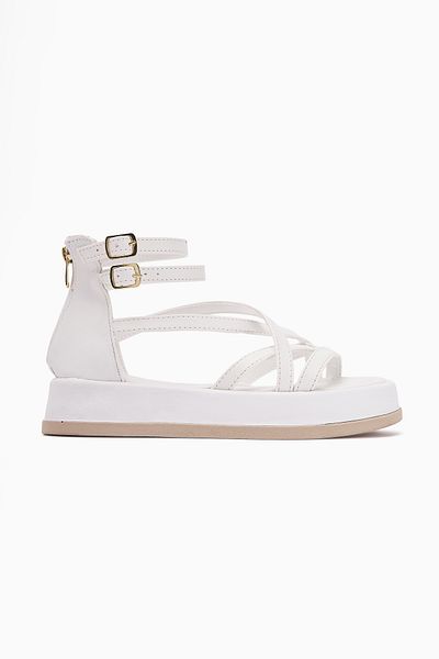 Limoya Sara Cross Strap White Women's Sandals Thick Sole Ankle Buckle