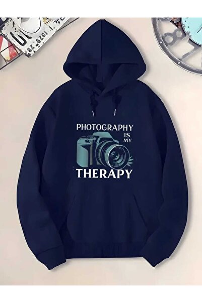 caddekombin Φούτερ με κουκούλα με στάμπα φωτογραφίας, βαμβακερό μπλε ναυτικό με τσέπη