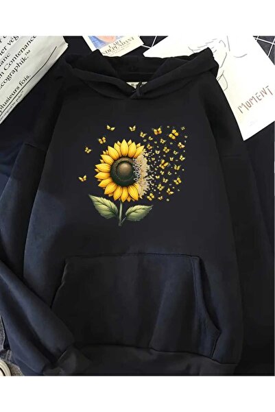 caddekombin Φούτερ με στάμπα ηλίανθου με κουκούλα, μαύρο με μάλλινη επένδυση εσωτερικά