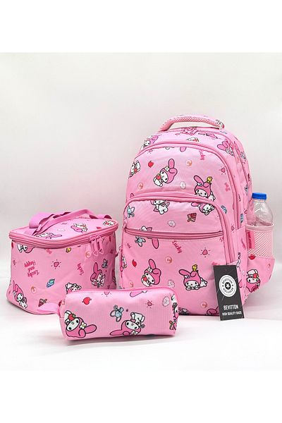 ÇantaExpress Girl's Primary School Bag 3-Piece Set Character Patterned First School Bag Powder