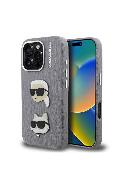Karl Lagerfeld iPhone 16 Pro Max Compatible Case Karl Lagerfeld Licensed K&C Heads Pin Cover Gray