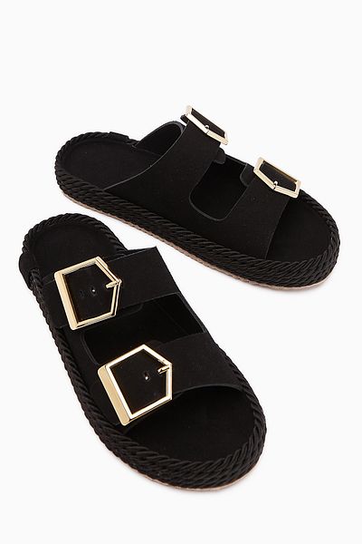 Limoya Horia Black Double Striped Knitted Sole Women's Slippers