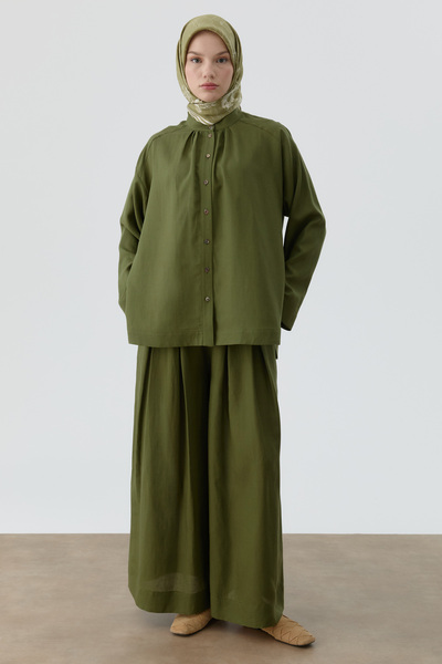 Tuğba Bel Lastikli Plikaşe Detaylı Pantolon - Haki