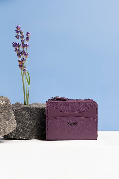 Grande 2828 Genuine Leather Cat Design Minimal Wallet Plum