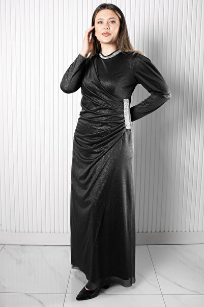 SUBU TASARIM Βραδινό φόρεμα από τούλι με στάμπα πέτρας μαύρο TBS956