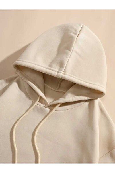 caddekombin Hanorac Ohana cu imprimeu pe spate, cu buzunar, cu interior din lână, bej