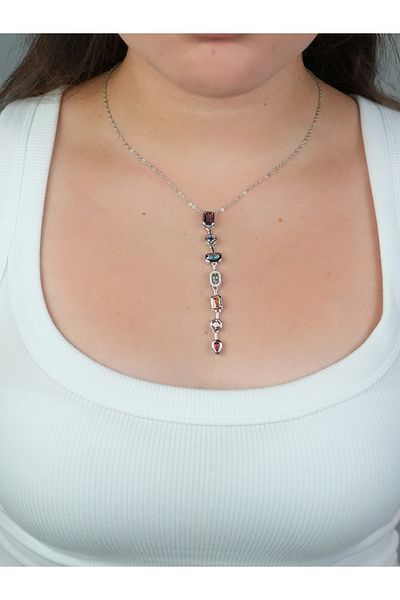 Sumen Butik Y Necklace with Stones Gold and Silver Color Steel