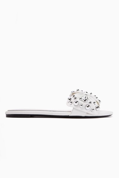 Limoya Dotty White Kabara Studded Bow Women's Slippers