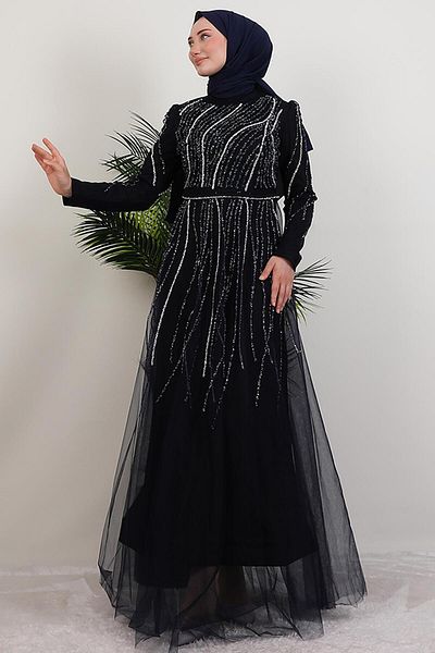 GİYZAMİLA Βραδινό φόρεμα από πέτρινο τούλι Navy Blue