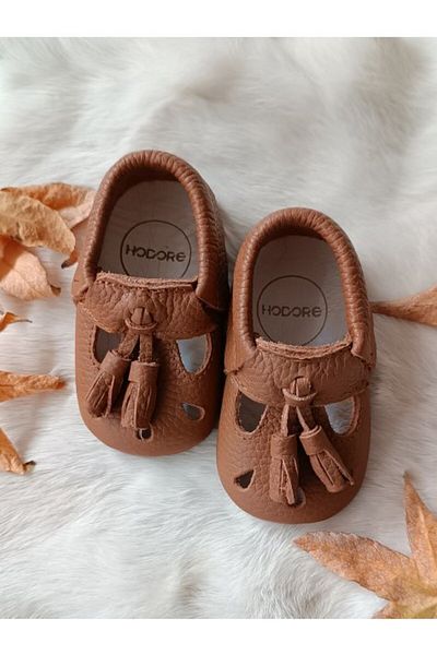 Hodore Wizy Tasseled Tan Genuine Leather Baby Booties Moccasins