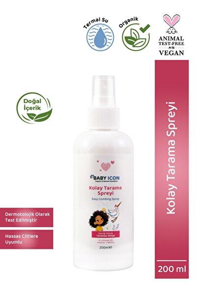 Baby İcon %100 Organik Vegan Kolay Saç Tarama Spreyi Çocuklar İçin Nemlendirici Lavanta Papatya Özlü 200ML