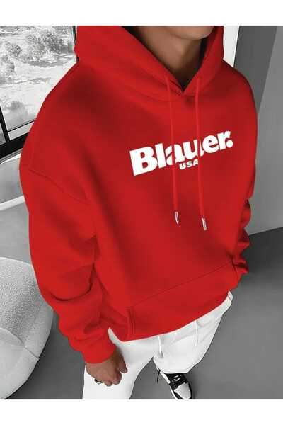 caddekombin Blauer USA Βαμβακερό κόκκινο φούτερ με κουκούλα και τσέπη