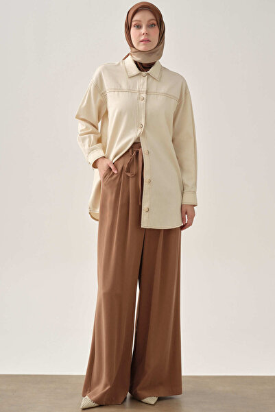 Tuğba Pileli Kemerli Pantolon - Kahve