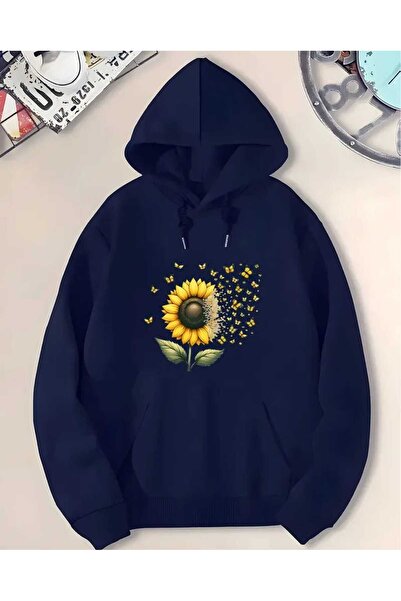 caddekombin Φούτερ με στάμπα ηλίανθου με κουκούλα, τσέπες και επένδυση από μαλλί σε μπλε ναυτικό