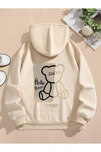 caddekombin Φούτερ Hello Bear με στάμπα στο πίσω μέρος, με κουκούλα, τσέπες και επένδυση από μαλλί μέσα, σε μπεζ χρώμα