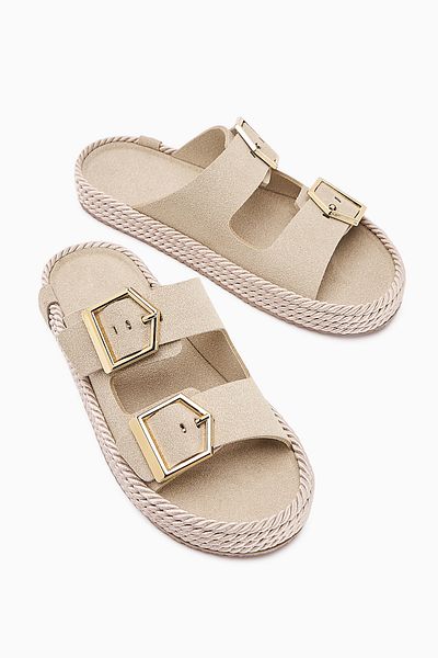 Limoya Horia Beige Double Striped Knitted Sole Women's Slippers